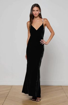 L'agence Saint Velvet Beaded Strap Gown In Black