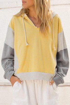 Azura Exchange Womens Striped Color Block Hoodie - Mustard Cotton - Size Medium