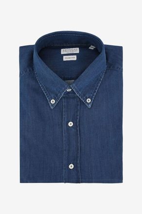 Brunello Cucinelli Leicht ausgewaschenes Hemd aus Chambray Slim Fit
