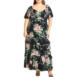 City Chic Marci Tiered Print Maxi Dress in Blk Sweet Blossom at Nordstrom Rack, Size Xs/14W