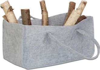Relaxdays Relaxdays Bolsa Para Le&ntilde;a Con Asas, Cesta Para Madera, Accesorio Para Chimenea, Tela No Tejida, 25 X 25 X 50 Cm, Gris
