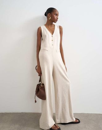 Topshop Tuta jumpsuit sartoriale in lino colore neutro