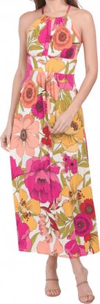 London Times Floral Print Halter Maxi Dress In White Red