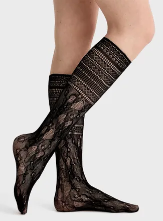 Simons Womens Black lettuce-trim crochet-like socks