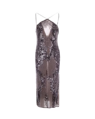 Patrizia Pepe Fitted Midi Dress With Gray Sequin Embroidery