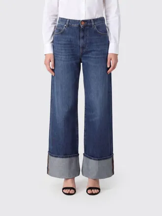 Pinko Jeans a gamba larga in denim di cotone a vita alta con risvolto e logo Love Birds