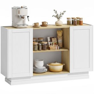 HOMCOM Homcom Aparador Moderno Con 2 Estantes Abiertos, 2 Puertas De Cierre Suave, Para Tv 60 Pulgadas, Para Sal&oacute;n, Comedor, 133x35x79,7 Cm, Natural Y Blanco