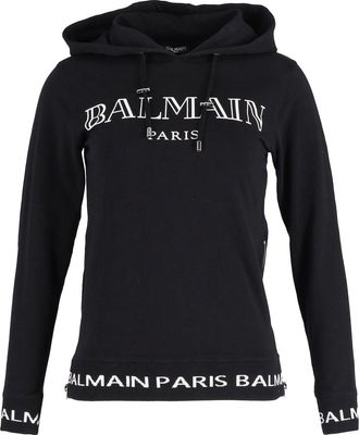 Balmain Logo Print Hooded Sweatshirt in Black Cotton