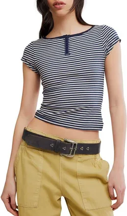 Free People Morning Pages Striped Henley in Navy Combo at Nordstrom, Size X-Small