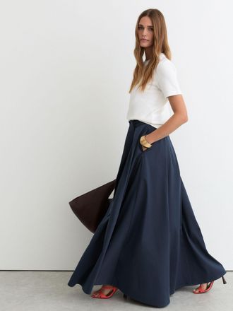 Reiss Navy Petite Cotton-blend Pleated Maxi Skirt, 12