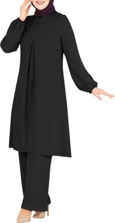 Generic Women Muslim Suit Two-Piece Full Sleeve Top Wide Leg Pants Set Abaya Loose Fit Button Down Shirt Dress Dubai Outfit Turkey Islamic Prayer Set Islamic 