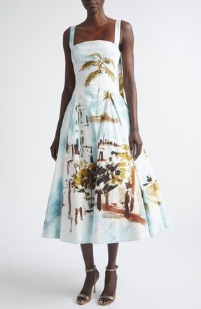 Oscar De La Renta Dominican Landscape Stretch Poplin Sundress in Blue Green Mult at Nordstrom, Size 6