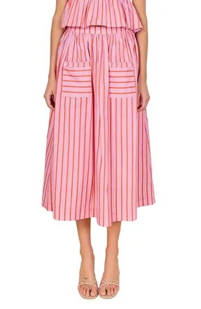 English Factory Stripe Cotton Midi Skirt in Pink/Orange at Nordstrom, Size X-Small