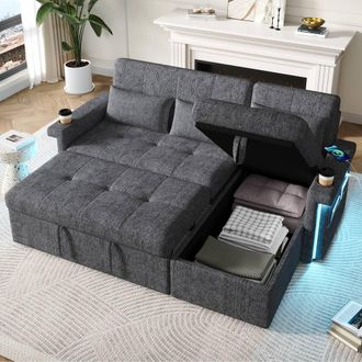 Merax Modern L-Shaped Convertible Corner Sofa Bed with LED & USB Ports in Grey