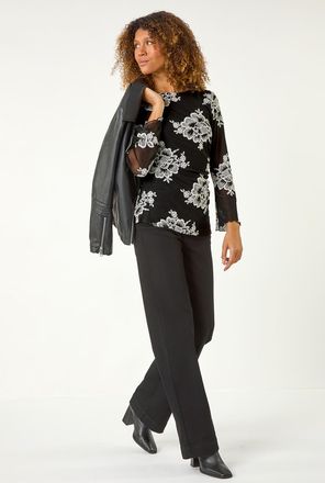 Roman Floral Mesh Sleeve Stretch Top