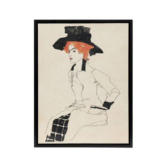 Artery8 Portrait of a Woman with Black Hat Framed Canvas Wall Art Print Schiele in Beige | Size: W24 x H32