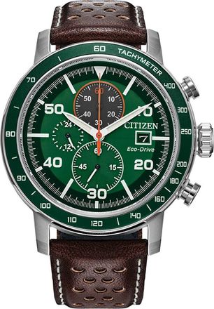 Citizen Brycen Leather Strap Chronograph Watch, 44mm in Green/black at Nordstrom Rack