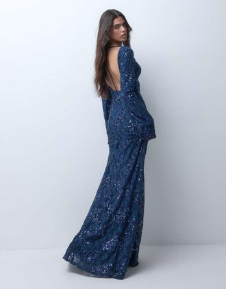 Asos vestito lungo in pizzo con paillettes, scollo a barchetta, dettaglio sulla schiena scoperta e spalline, navy-Blu