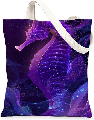 Generic Artistic Seahorses Canvas Tote Bags, Vibrant Ocean Design Reusable Grocery Bags, Lightweight Washable Shoulder Strap Canvas, Violet, 13x15 Inch