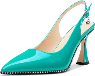 Castamere Womens Slingback Kitten Heel Close Pointed Toe Pumps Court Shoe Chunky Wedding Party Dress Shoes 9 CM Heels Cyan Blue 3.5 UK