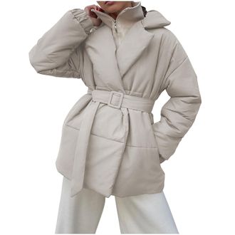 Generic Womens Coat With Belt Waist Womens Quilted Jackets Lapel Neck Puffer Coat Casual Loose Down Jacket Women Warm Padded Jacket Thicken Winter Coats