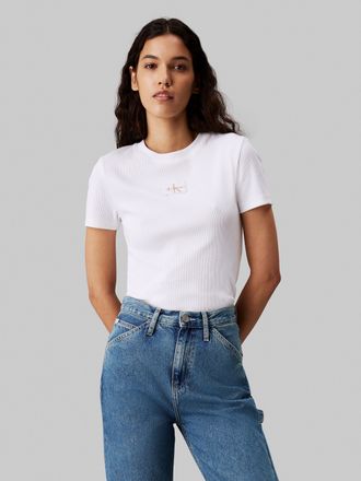 Calvin Klein Jeans T-Shirt CALVIN KLEIN JEANS WOVEN LABEL RIB BABY TEE, Damen, Gr. XXL (44), weiss (hellwei&szlig;), Single Jersey, Obermaterial: 94% Baumwolle, 6% Elasthan, u