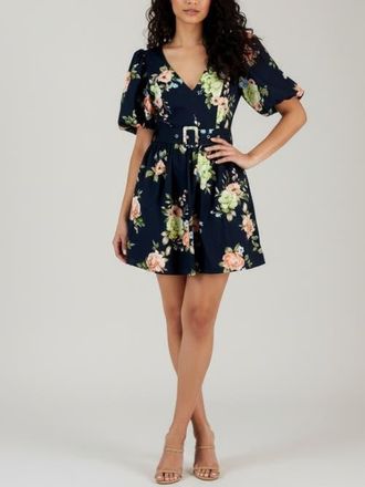 Rachel Roy Valeria Puff Sleeve Belted Mini Dress in Navy Bloom at Nordstrom, Size 14