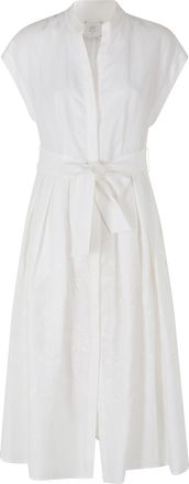 Eleventy White Belted Floral Embroidered Linen Midi Dress