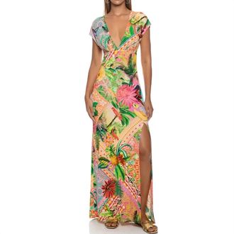 Luli Fama Opulent Eden Cap Sleeve Long Dress In Multicolor