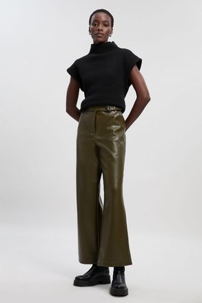 Karen Millen Womens Faux Leather Belt Detail Trousers - Green Nylon - Size 16 UK