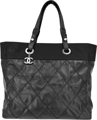 Chanel Black Coated Canvas Leather Handbag Tote Bag (Pre-Owned)