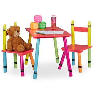 Relaxdays Relaxdays - Set Tavolino e Sedie per Bambini e Bambine, Tavolo Basso con 2 Sedioline, in mdf e Legno di Pino, Colorato