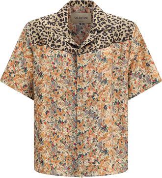 Valentino Mens Shirt Short-Sleeve Silk Floral & Leopard Print Multicolour