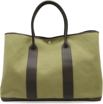 Herm&egrave;s Dark Brown Khaki Toile H Leather Tote Bag (Pre-Owned)