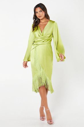 Coast Satin Fringe Hem Wrap Waist Midi Dress