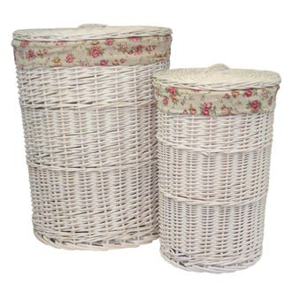 Red Hamper Set of 2 Cotton Lined Round White Wash Laundry Basket