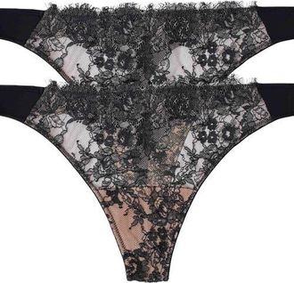 Skarlett Blue Entice Lace Front Thong 2-Pack in Black/nylon at Nordstrom, Size X-Large