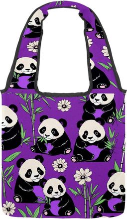 Generic Cute Panda on Purple Reversible Canvas Shoulder Tote - Double-Sided Print, 12oz Cotton, 27cm Drop, Fold-Flat Bag for Travel, Shopping, Street Outings