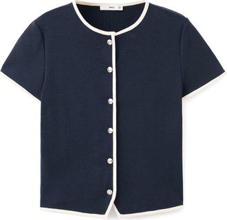 Mango Piped Trim Cotton Button-Up Top in Dark Navy at Nordstrom, Size Medium