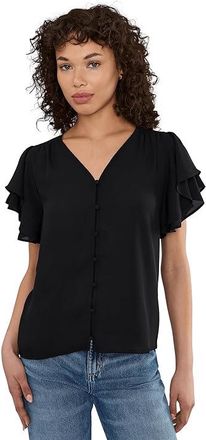 CeCe by Cynthia Steffe Double Flutter Sleeve Shirred Shoulder Top Womens Clothing Rich Black : MD, Polyester