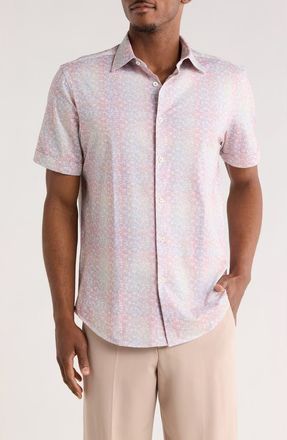 Bugatchi Print Short Sleeve Button-Up Shirt in Coral at Nordstrom Rack, Size Xxx-Large