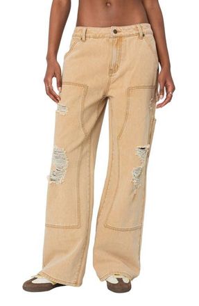 Edikted Alibi Distressed Low Rise Wide Leg Carpenter Jeans in Beige at Nordstrom, Size X-Small