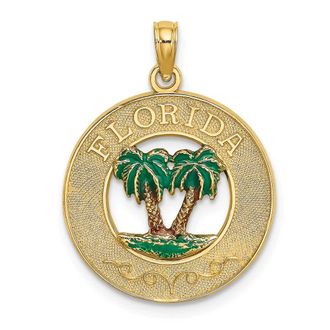 Diamond2Deal 14k Yellow Gold FLORIDA Enamel Palm Trees Circle Charm Pendant