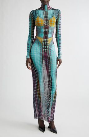 Jean Paul Gaultier Re-Edition Polka Dot Trompe lOeil Long Sleeve Mesh Dress in Blue/Purple/Yellow at Nordstrom, Size X-Small