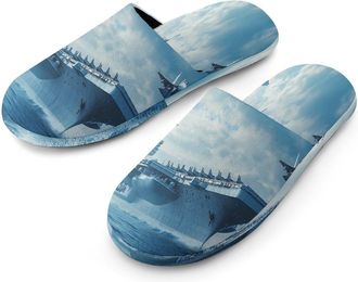 Generic Military USS Enterprise Battleship Fight Jets Mens Cotton Slippers Memory Foam Comfort House Shoes Winter Indoor Slipper for Hotel Casa Spa