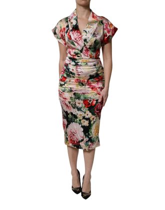Dolce & Gabbana Womens Multicolor Floral Short Sleeves Sheath Midi Dress Silk Elastane