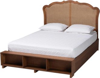 Baxton Studio Latrell Mid-Century Wood & Rattan King Size Storage Bed