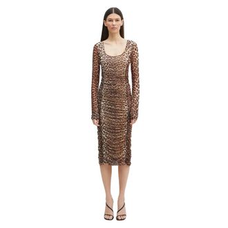 Ganni Jurk met luipaardprint en striksluiting - Dames - Casual kleedjes - Veelkleurig - L - Katoen - Kleedjes