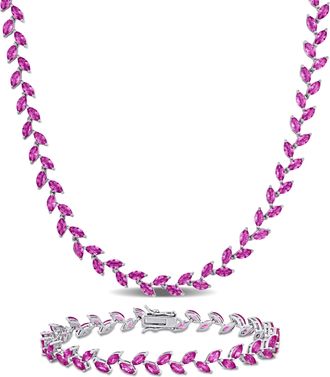 Mimi & Max 41 1/2ct TGW Created Pink Sapphire Leaf Necklace and Bracelet Sterling Silver