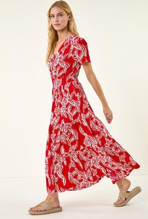 Roman Leaf Print Shirred Maxi Dress